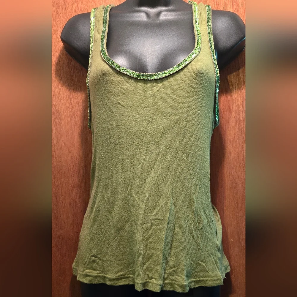 Metro 7 olive green sequin lined tank top szM - Picture 2 of 6